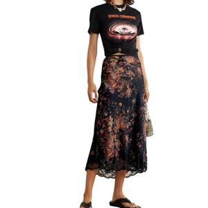 RABANNE Lace-trimmed Floral-print Satin Midi Skirt In Black